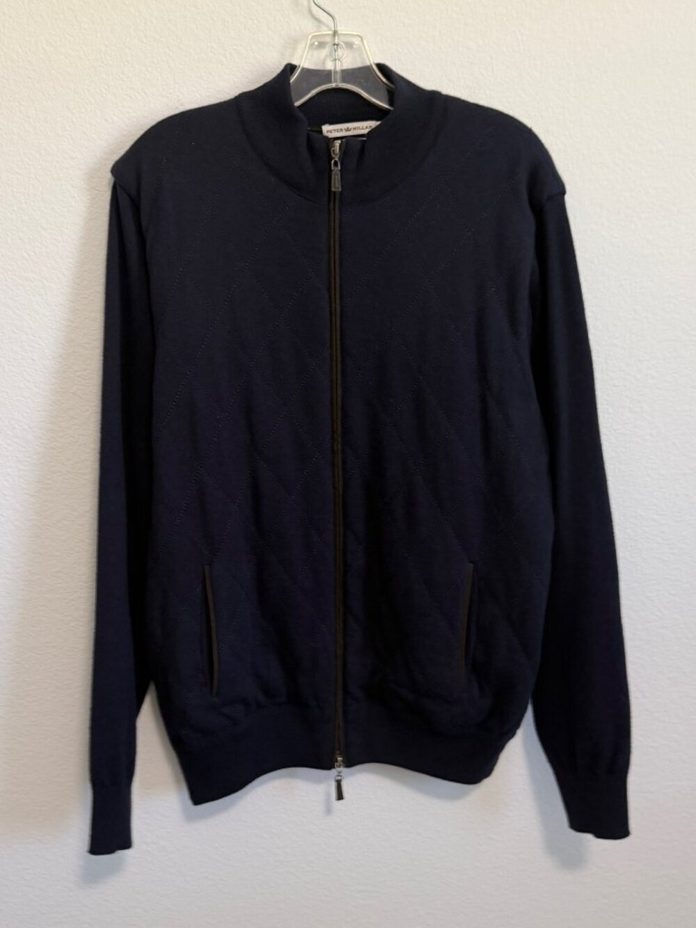 Peter Millar Navy Blue Wool Blend Long Sleeve Zip Up Quilted Sweater Size M